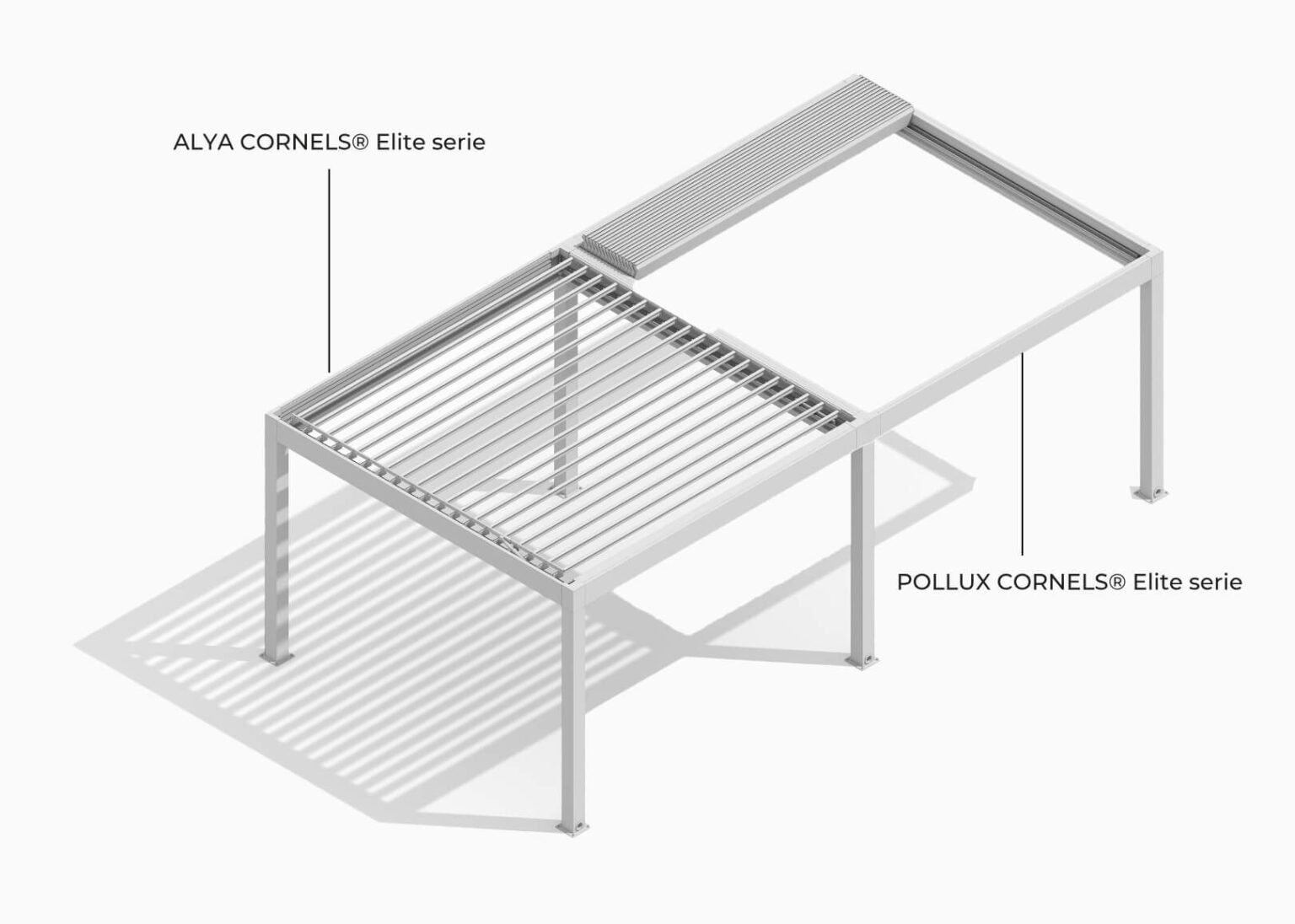 Combined pergola frame with ALYA rotating louvers and POLLUX retractable louvers